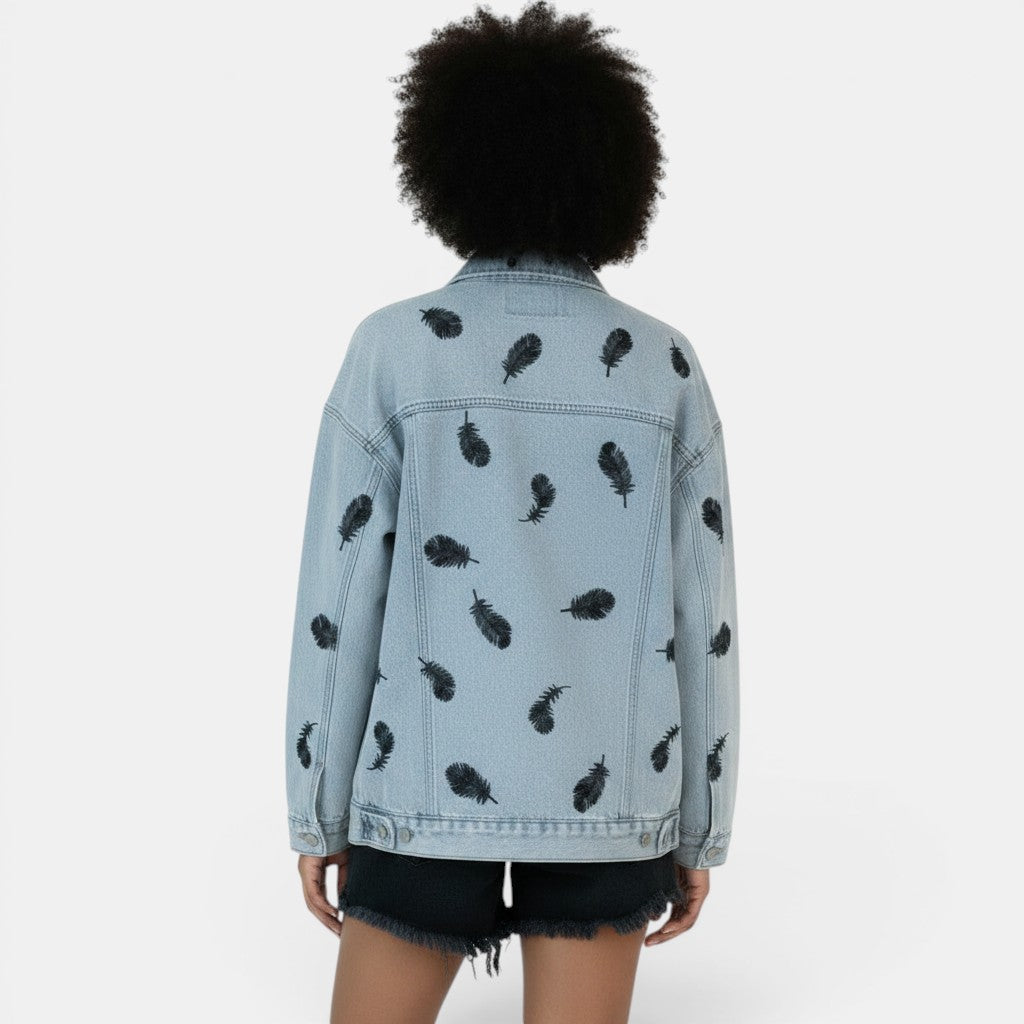 Allzom light blue denim jacket with black feather print and lapel collar, loose fit, casual street style.