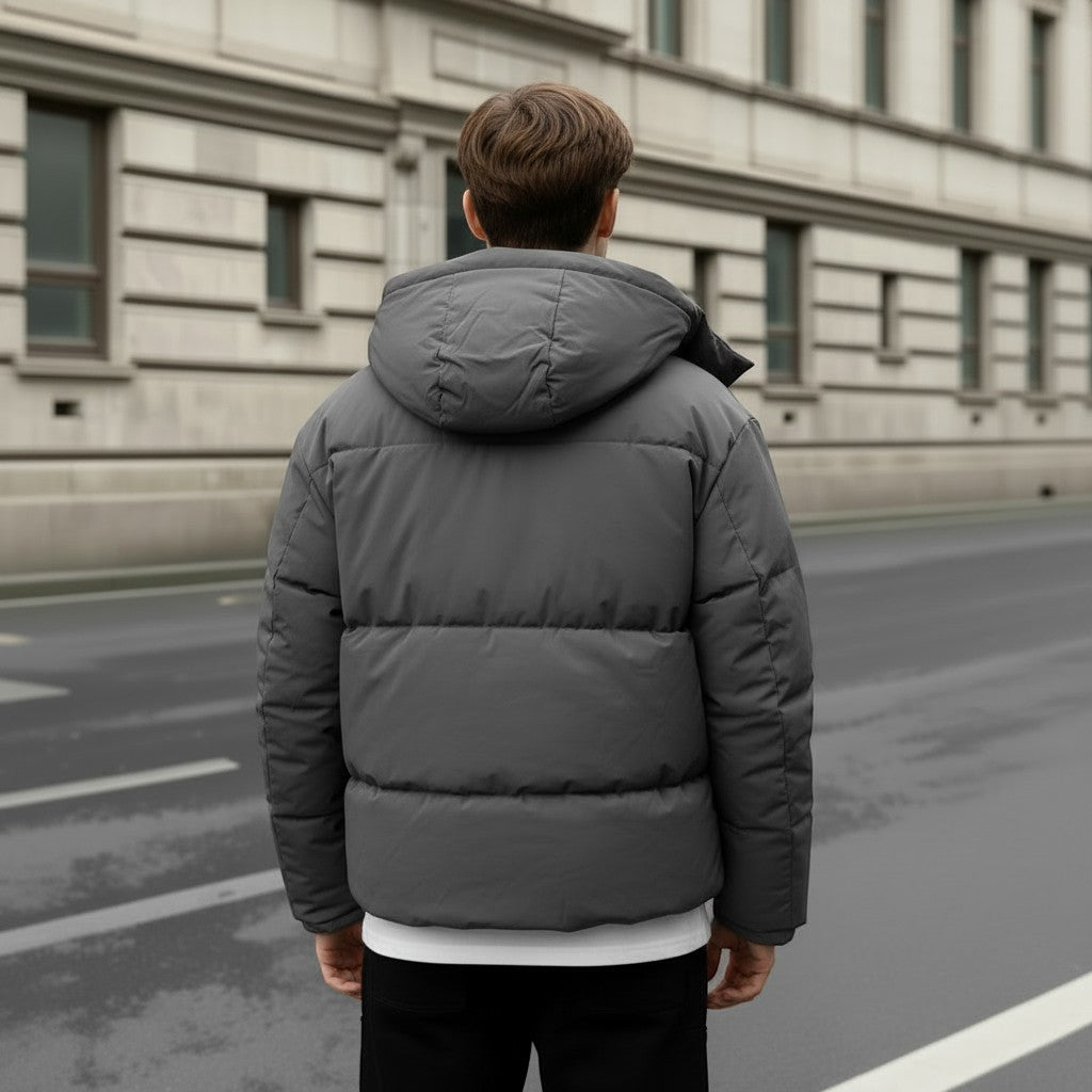 Allzom Men's Loose Puffer Bread Jacket in gray, made from polyester blend, with a hood and loose fit for daily wear.