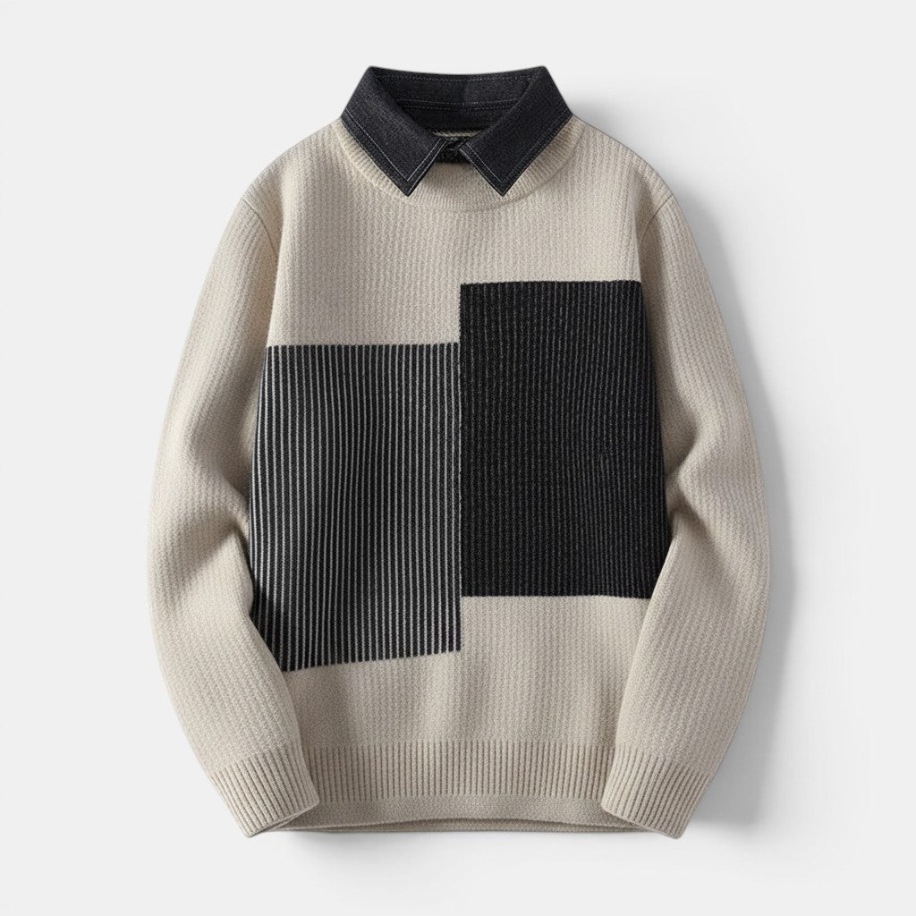 Allzom bege sweater com gola preta e padrão geométrico em blocos de cores bege e preto.
