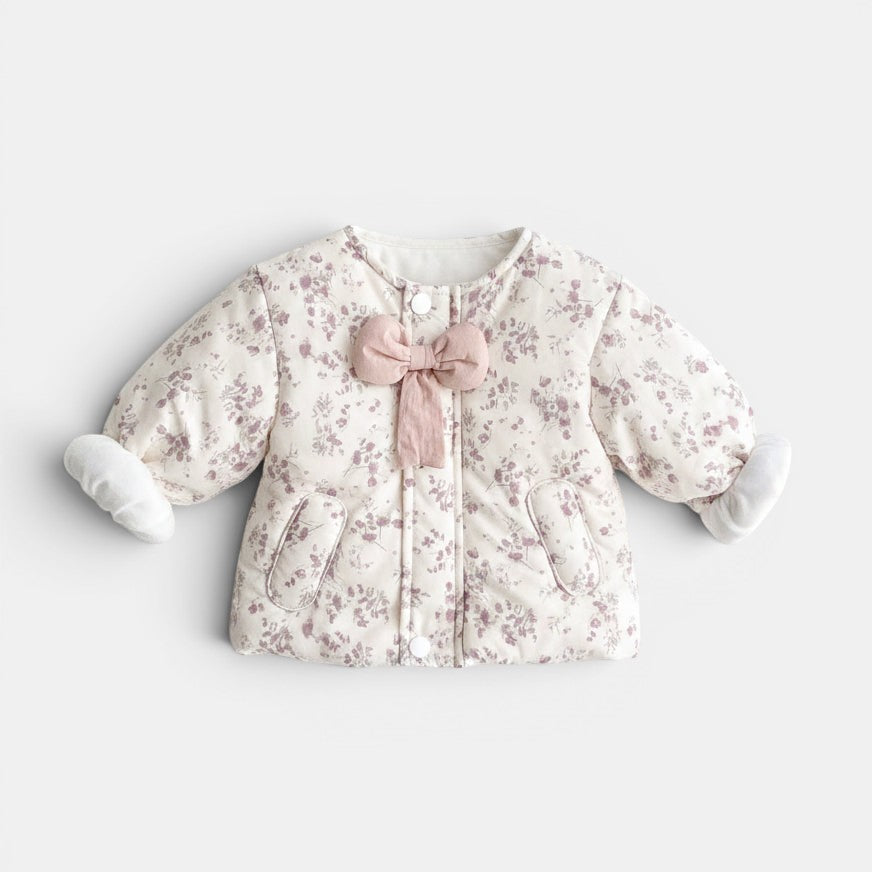 Allzom cream quilted coat with purple floral print and pink bow detail. Fleece lined for warmth.