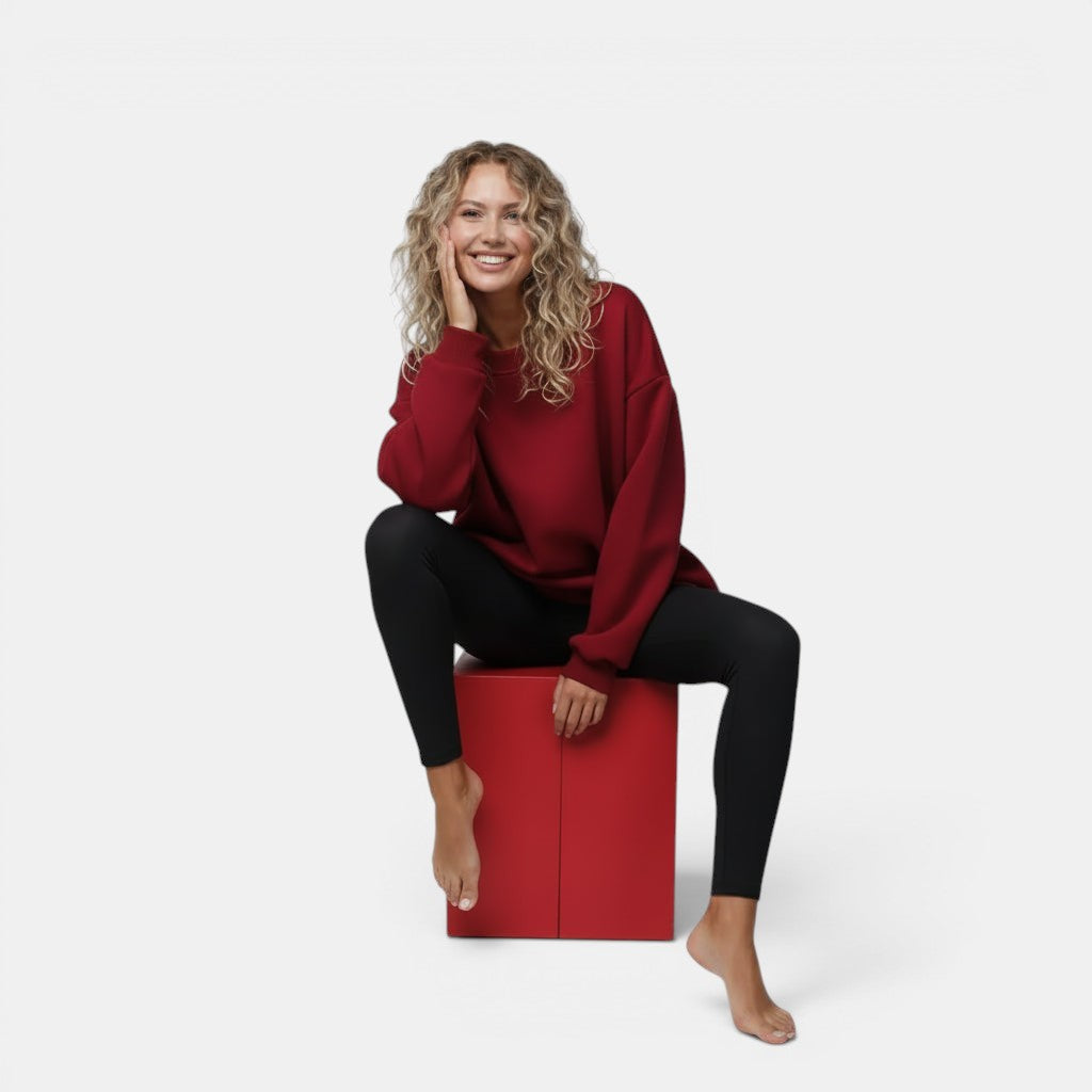 Allzom women's loose-fit crew neck sweatshirt in deep red, paired with black leggings.