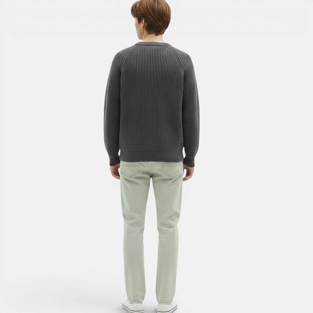 Allzom Men's Retro Brocade Round Neck Sweater in dark grey, featuring a textured knit and classic fit.