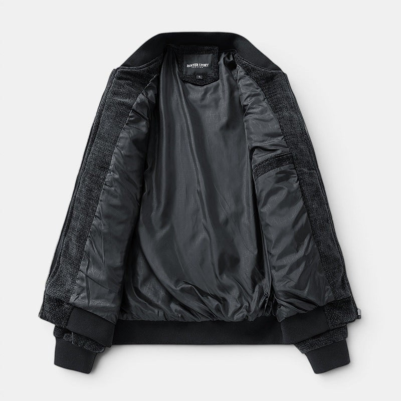 Allzom Men's Retro Jacket Coat, black, polyester lining, long sleeves, straight hem, bomber style.