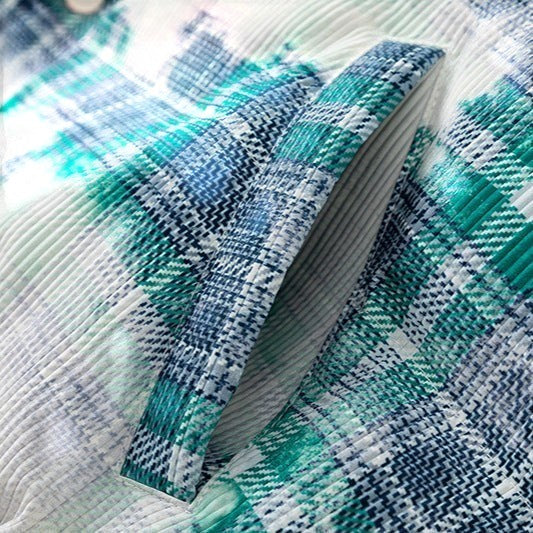 Allzom men's loose-fit cotton coat with retro blue and green plaid pattern and corduroy trim.