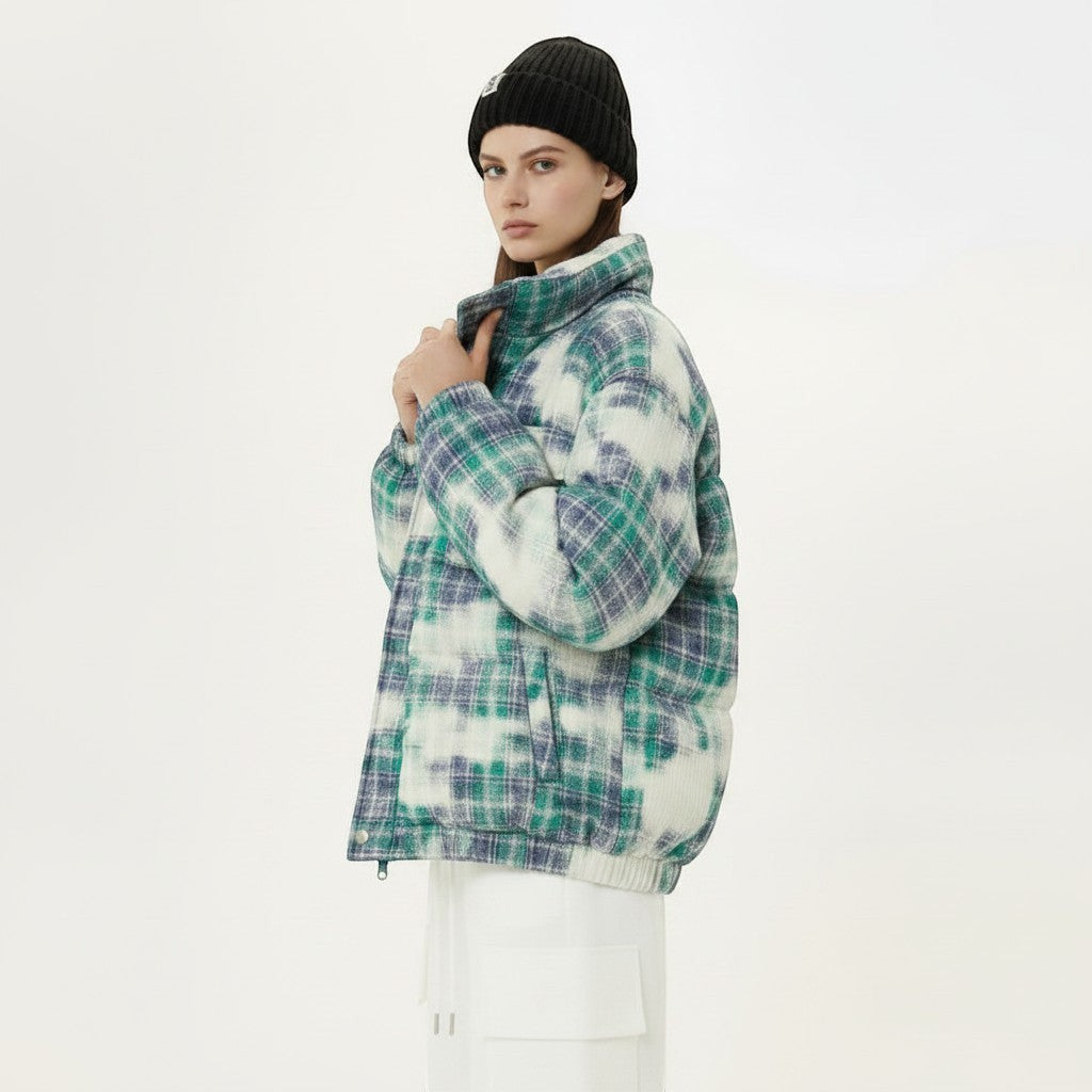 Allzom women's loose-fit cotton coat with retro green and blue plaid pattern, relaxed silhouette, and warm construction.