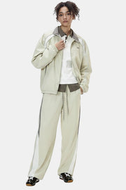 Allzom Men's beige retro racing jacket and wide-leg pants set with white and grey accents.