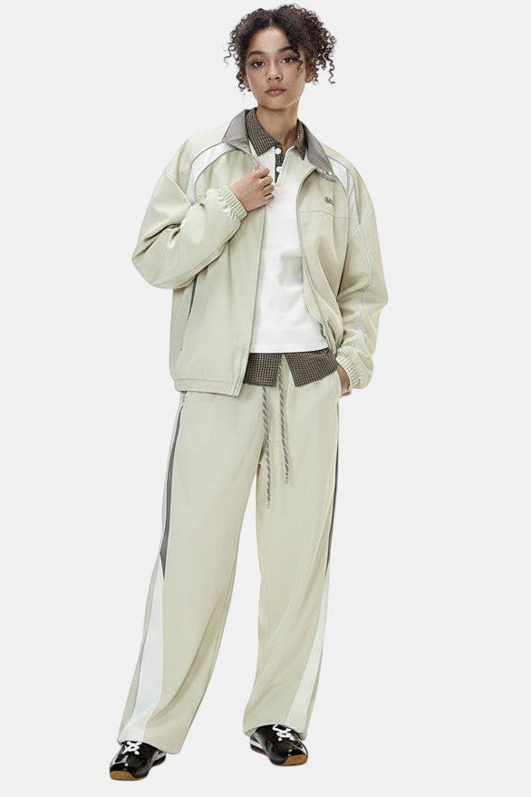 Allzom Men's beige retro racing jacket and wide-leg pants set with white and grey accents.