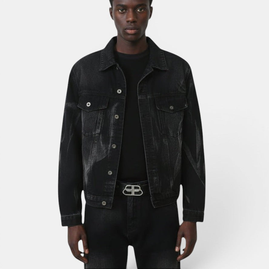 Allzom Men's retro washed black denim jacket and trousers suit with a loose fit.