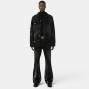 Allzom men's retro washed black denim suit with loose fit jacket and flared trousers.