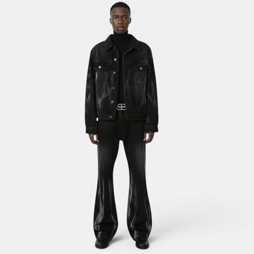 Allzom men's retro washed black denim suit with loose fit jacket and flared trousers.