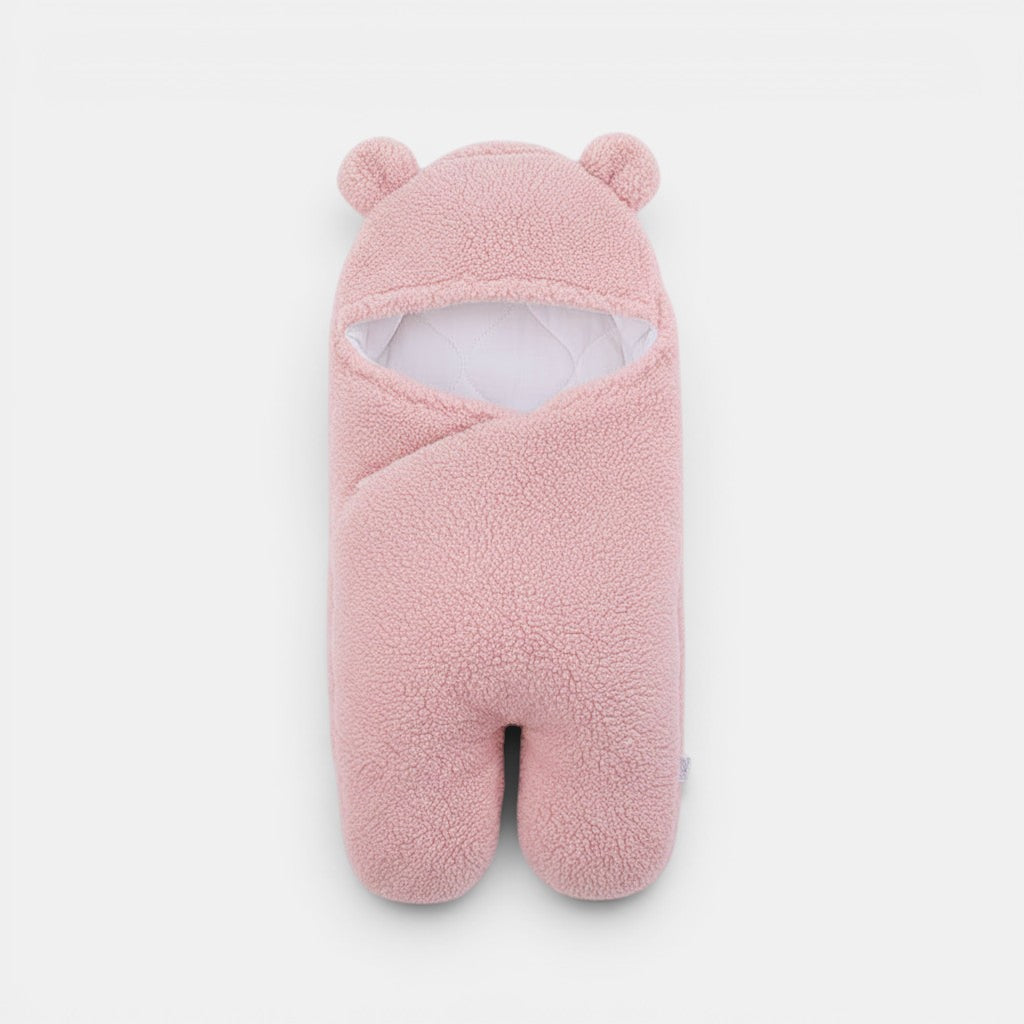 Allzom rosa saco de dormir acolchoado para bebé com design de embrulho e orelhas de urso. Fecho de velcro.