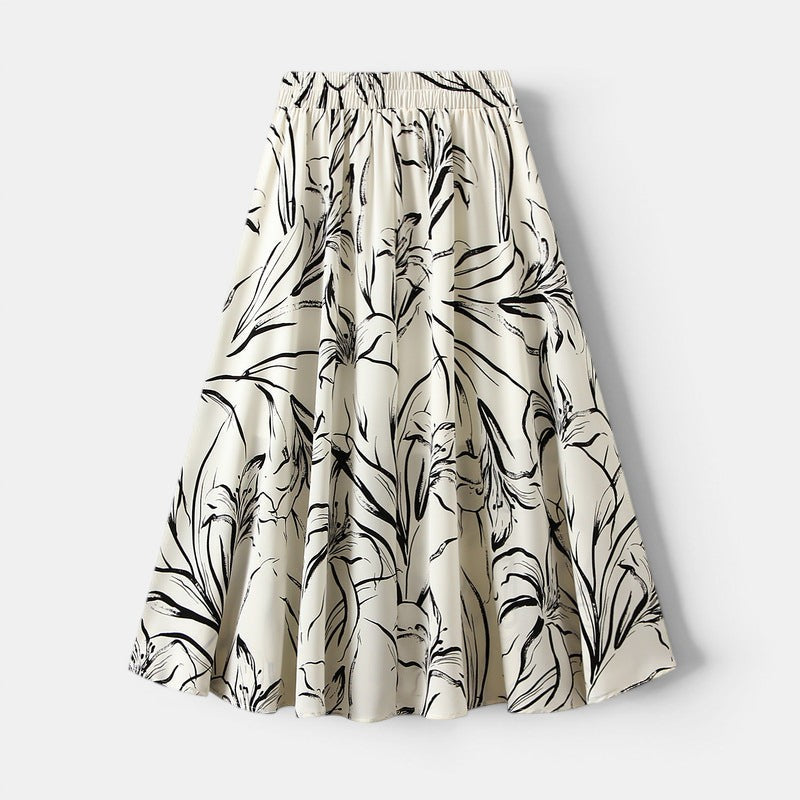 Allzom saia A-line bege com padrão floral preto, cintura elástica, comprimento médio, poliéster.