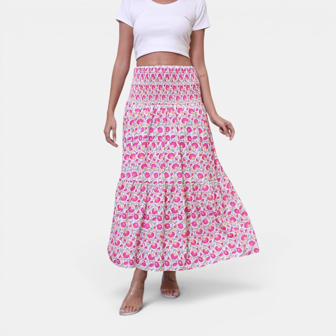 Allzom saia maxi rosa com padrão floral e cintura franzida em poliéster, estilo A-line.