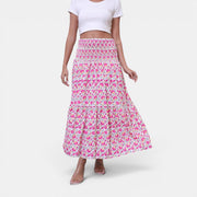Allzom saia maxi rosa com padrão floral e cintura franzida em poliéster, estilo A-line.