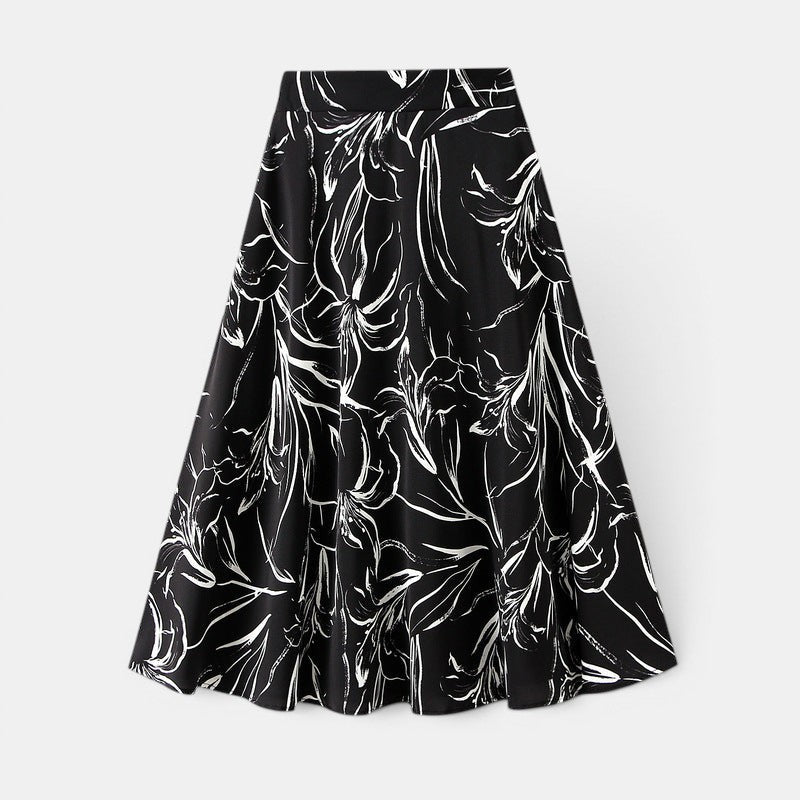 Allzom saia preta de poliéster com padrão floral branco, cintura elástica, comprimento médio, estilo A-line.