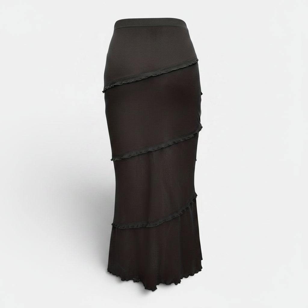 Allzom saia preta de malha com babados em camadas, estilo sereia, comprimento médio, elegante e empresarial.