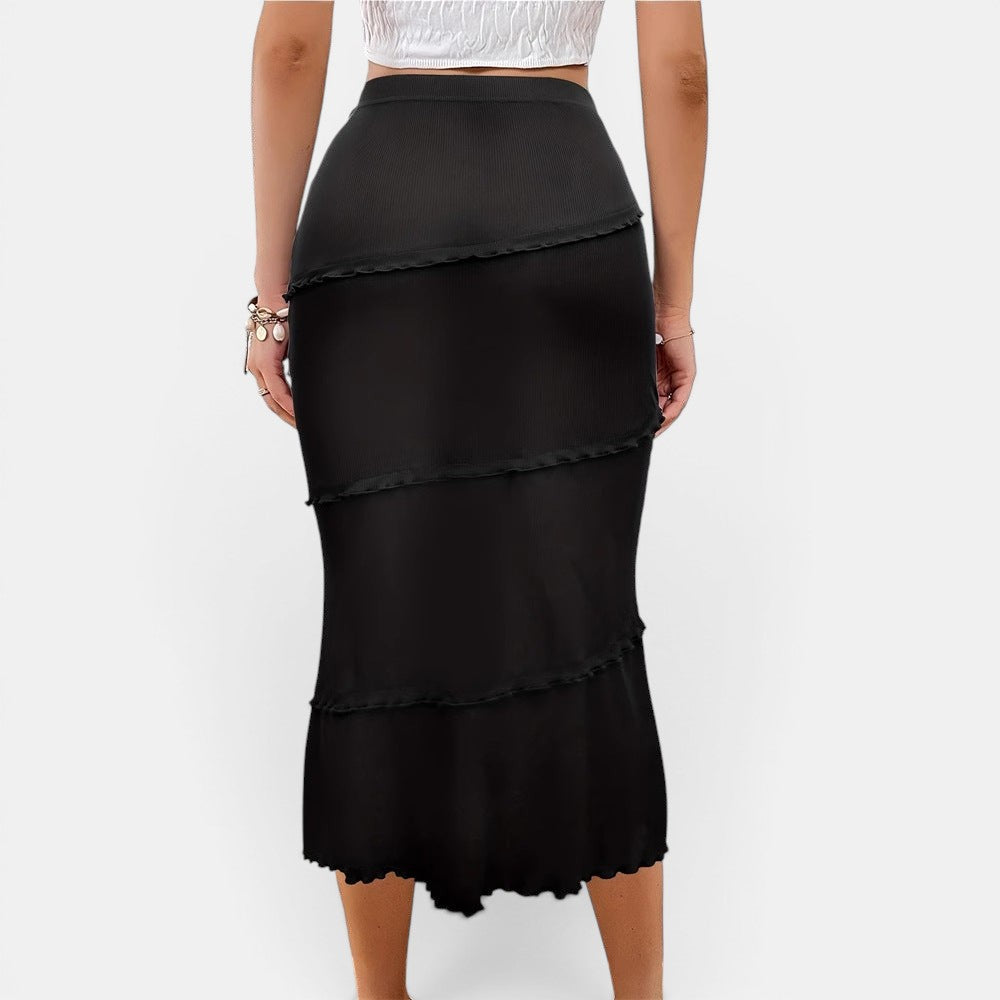 Allzom Saia preta de malha com babados em camadas e cauda de sereia, comprimento médio, elegante para negócios.