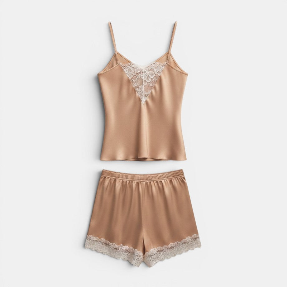 Allzom beige satin pyjama set with lace trim on camisole and shorts. V-neck camisole with adjustable straps.