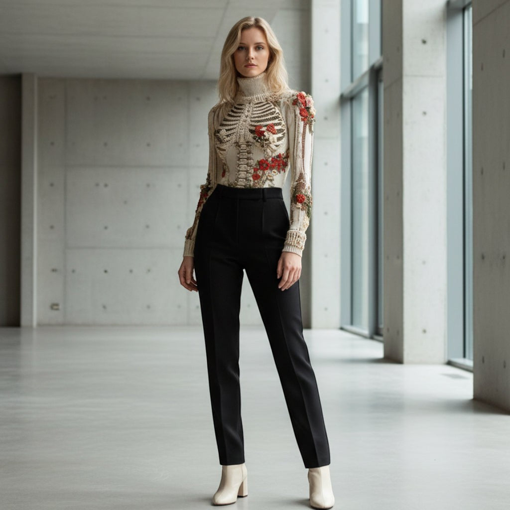Allzom women's cream knit sweater with 3D skeleton and floral embroidery, crew neck, long sleeves.