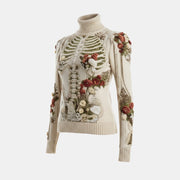 Allzom cream knit turtleneck sweater with a 3D skeleton and floral embroidery. Long sleeves, ribbed cuffs and hem.