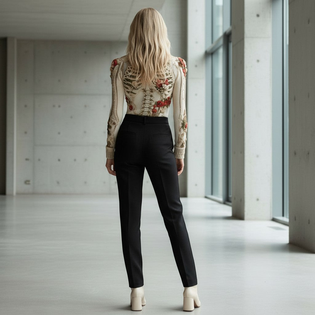 Allzom women's cream knit sweatshirt with 3D skeleton and floral print, crew neck, long sleeves.