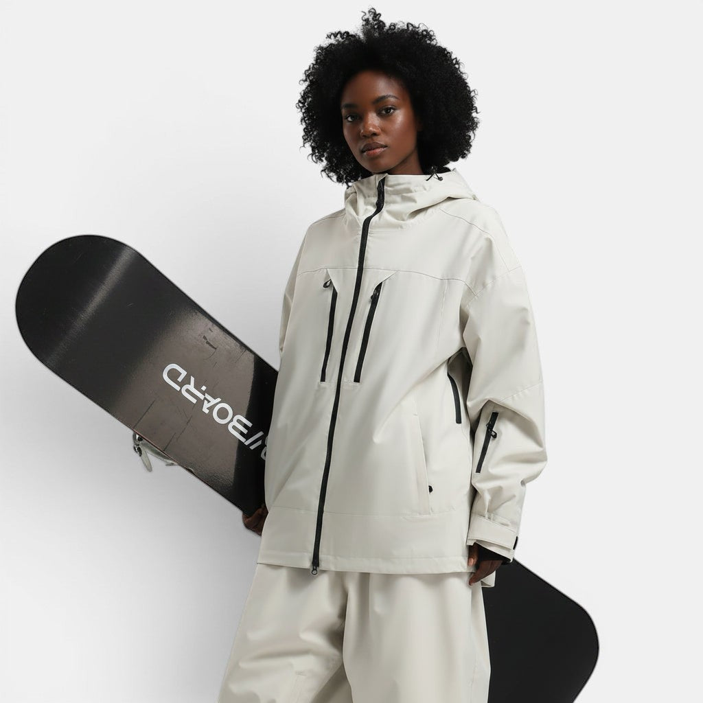 Allzom women's loose fit beige ski jacket with zip closure and multiple pockets, paired with matching trousers.