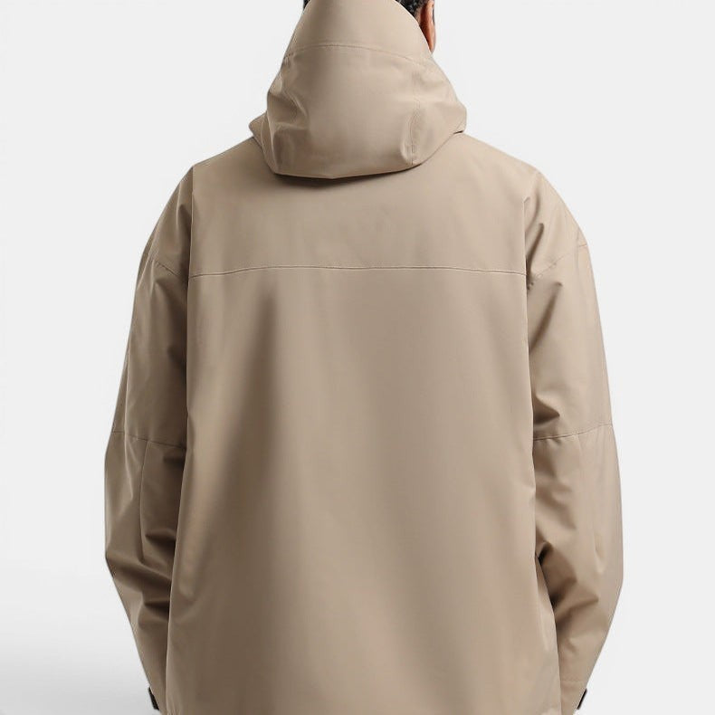 Allzom men's loose fit beige waterproof breathable ski jacket with hood.