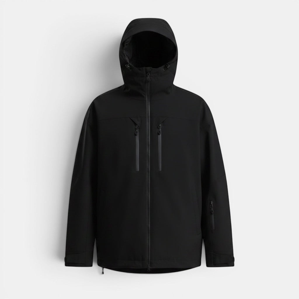 Allzom men's black waterproof breathable ski jacket with loose fit and zip closure.