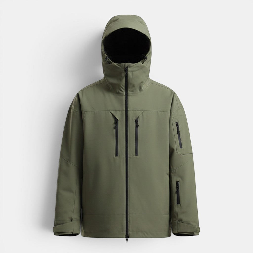 Allzom men's olive green waterproof breathable ski jacket with hood and multiple zip pockets.