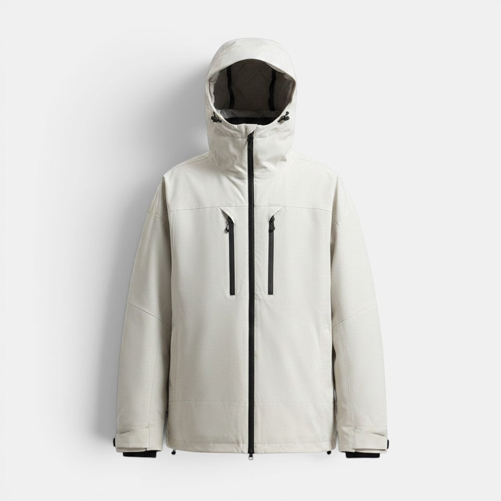 Allzom men's loose fit light grey waterproof breathable ski jacket with zip closure and hood.