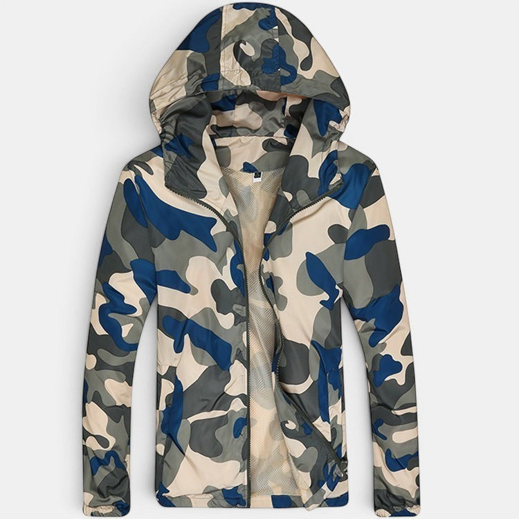 Allzom men's slim fit camouflage jacket with hood, featuring blue, grey and beige pattern.