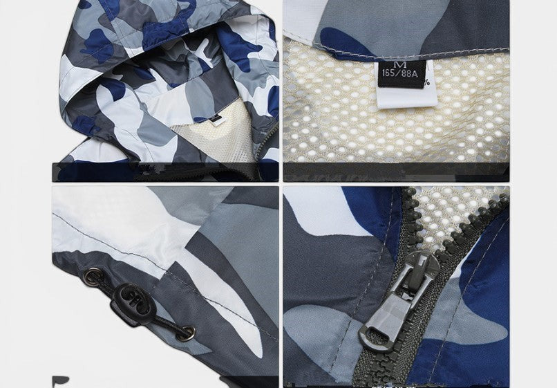 Allzom Men's Slim Fit Camouflage Jacket with hood, blue, grey and white pattern, mesh lining, zip closure.