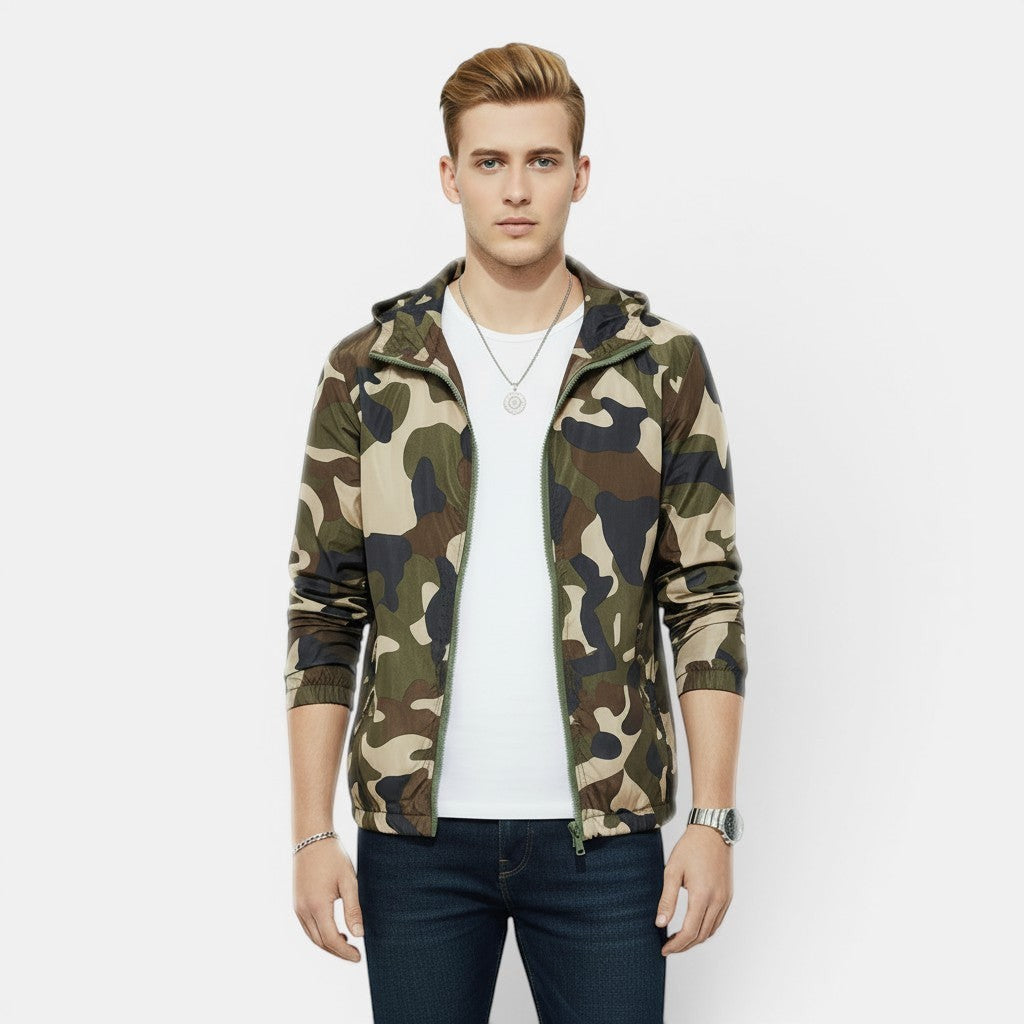 Allzom men's slim fit camouflage jacket with hood, green and brown print, zip front, worn over a white t-shirt.