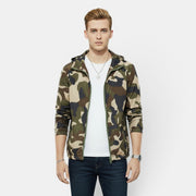 Allzom men's slim fit camouflage jacket with hood, green and brown print, zip front, worn over a white t-shirt.