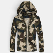Allzom men's slim fit camouflage jacket with hood and zip closure. Lightweight fashion outerwear.