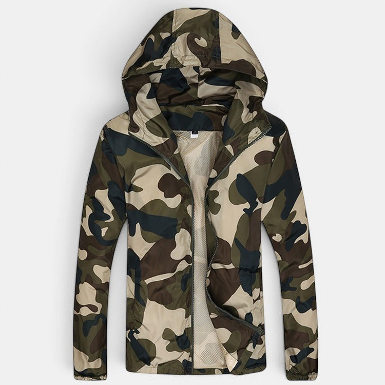 Allzom men's slim fit camouflage jacket with hood and zip closure. Lightweight fashion outerwear.