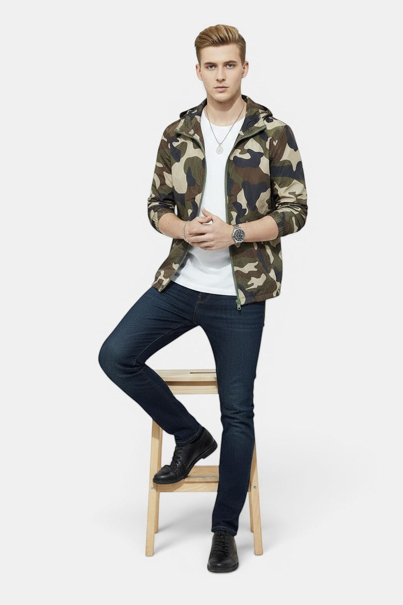Allzom Men's slim fit camouflage jacket with hood, white t-shirt and dark wash jeans.