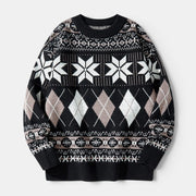 Allzom Men's Japanese Style Snowflake Pullover Sweater in black with white and beige argyle and snowflake patterns.