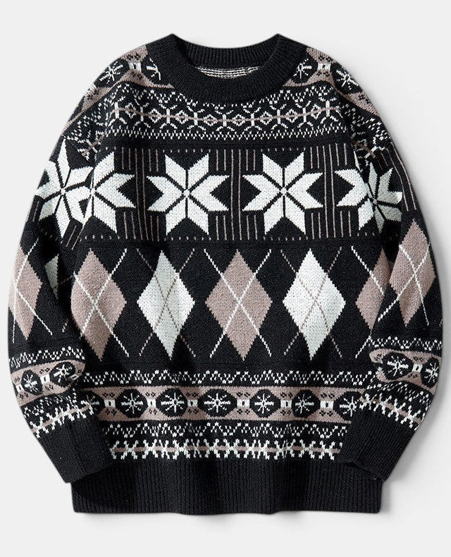 Allzom Men's Japanese Style Snowflake Pullover Sweater in black with white and beige argyle and snowflake patterns.