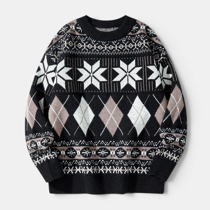 Allzom Men's Japanese Style Snowflake Pullover Sweater in black with white and beige argyle and snowflake patterns.