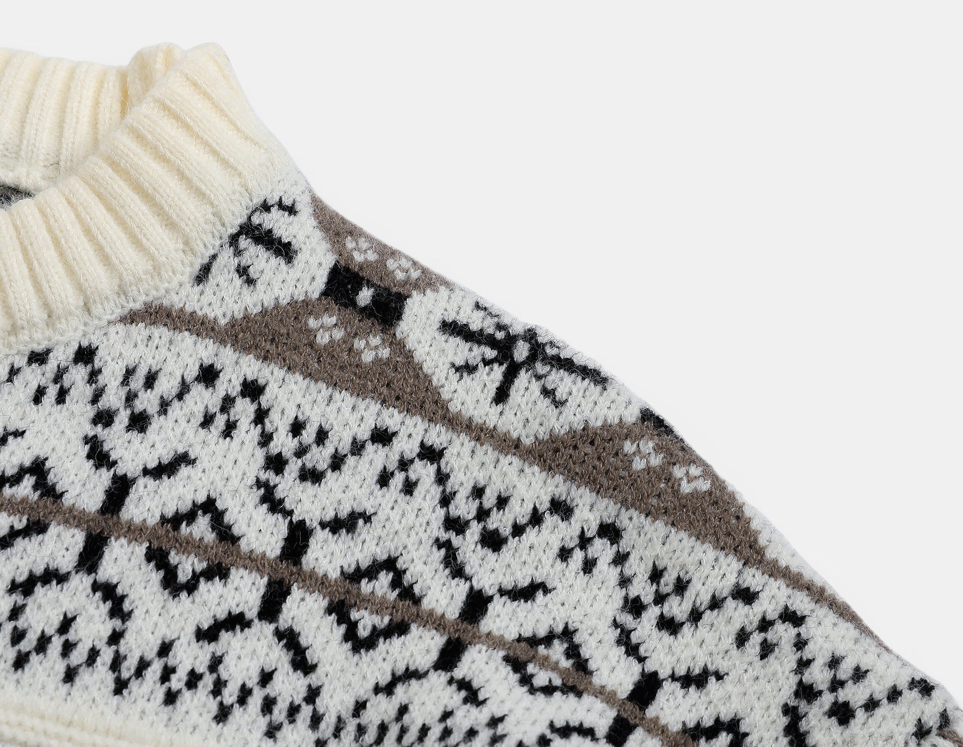 Allzom men's cream, brown, and black snowflake jacquard knit pullover sweater with ribbed collar.