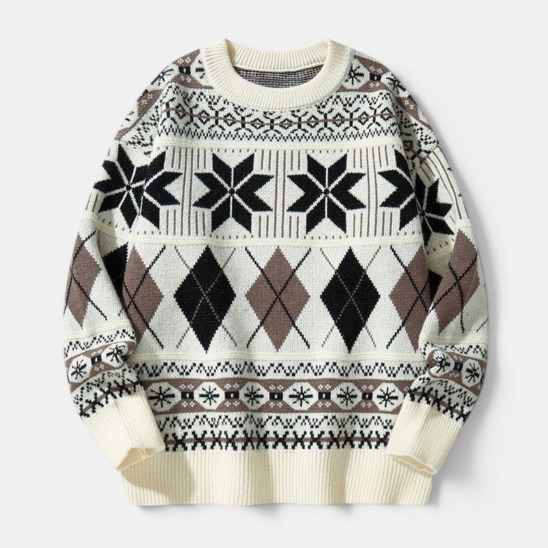 Allzom men's cream snowflake jacquard knit pullover sweater with argyle pattern