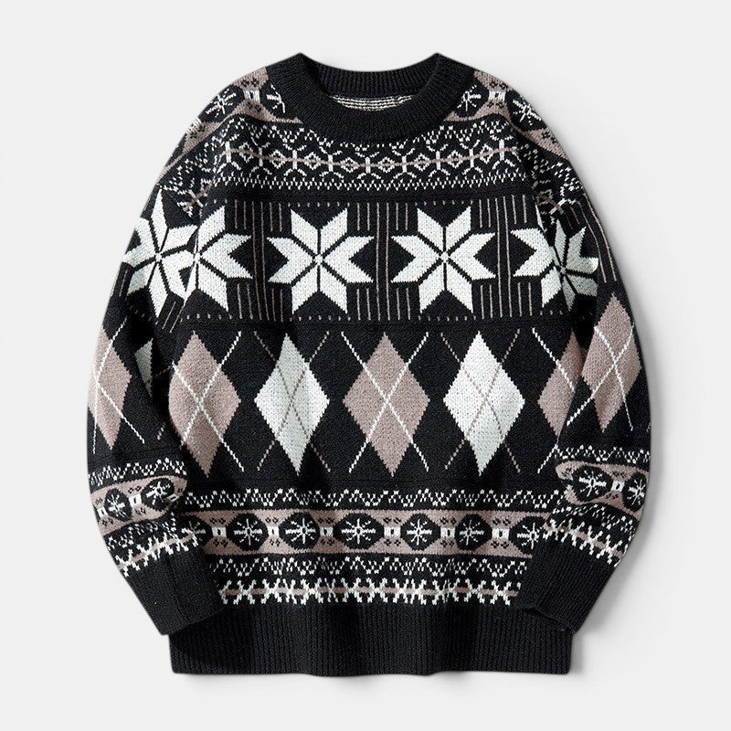 Allzom Men's Japanese Style Snowflake Pullover Sweater in black with white and brown argyle and snowflake patterns.