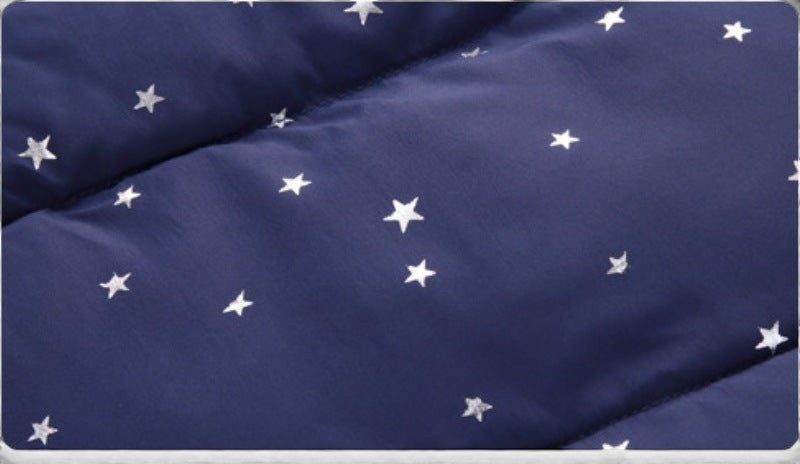 Allzom baby cotton jacket with navy blue and white star print. Lightweight and breathable.