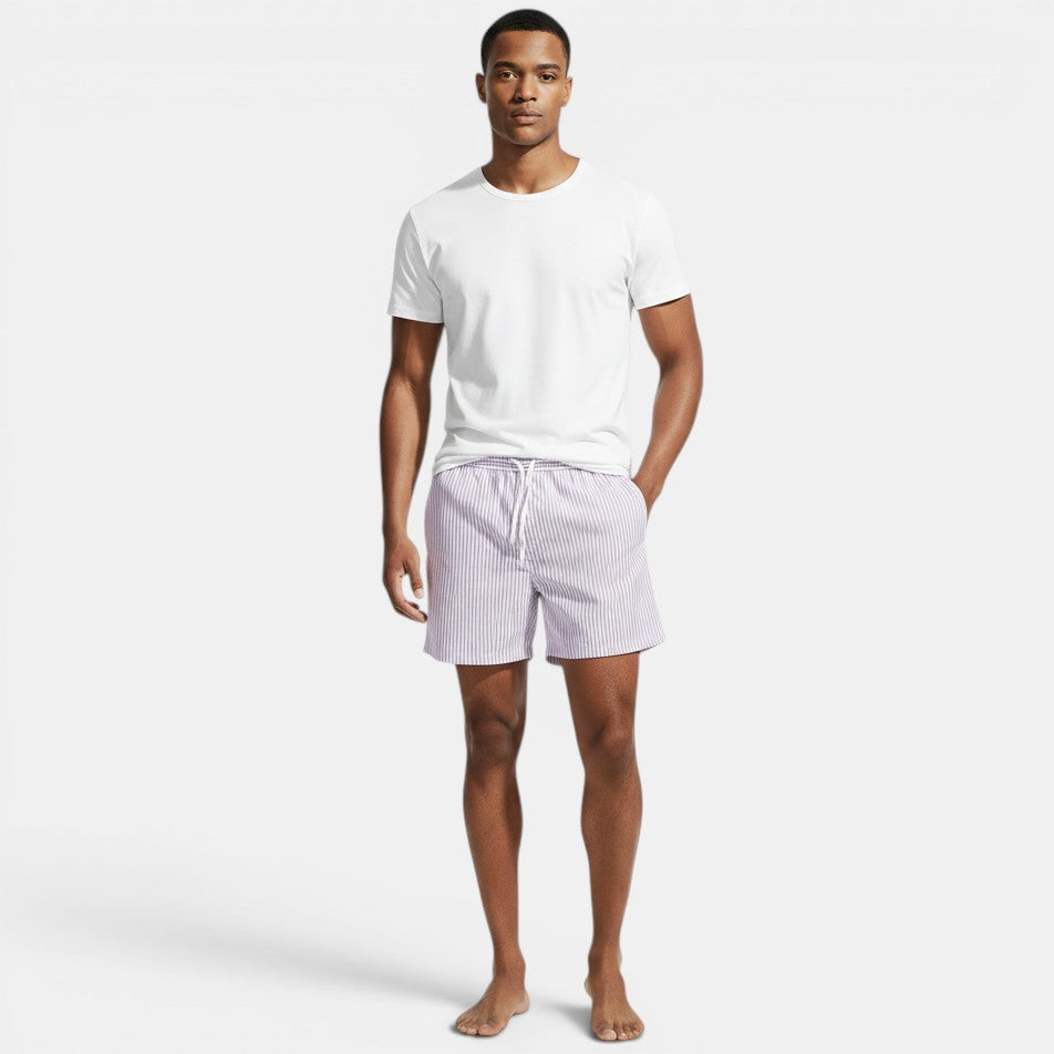 Allzom Men's loose fit striped beach shorts with white drawstring and elastic waistband.