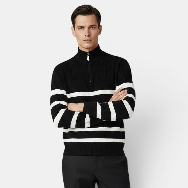 Allzom men's black and white striped half-zip sweater with a ribbed knit texture and relaxed fit.