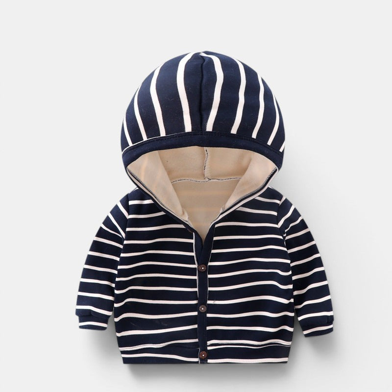 Allzom children's navy and white striped hooded cardigan jacket with fleece lining and button closure.