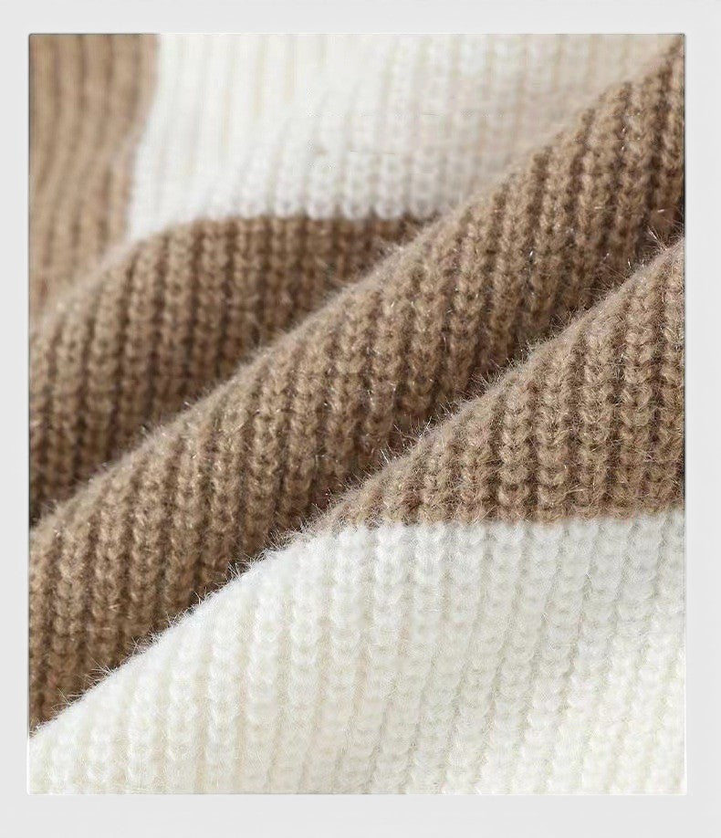 Allzom men's striped knit base layer shirt with half turtleneck in brown and white.