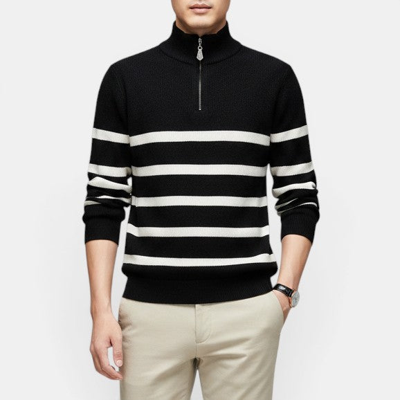 Allzom men's black and white striped knit sweater with quarter zip and mock neck.