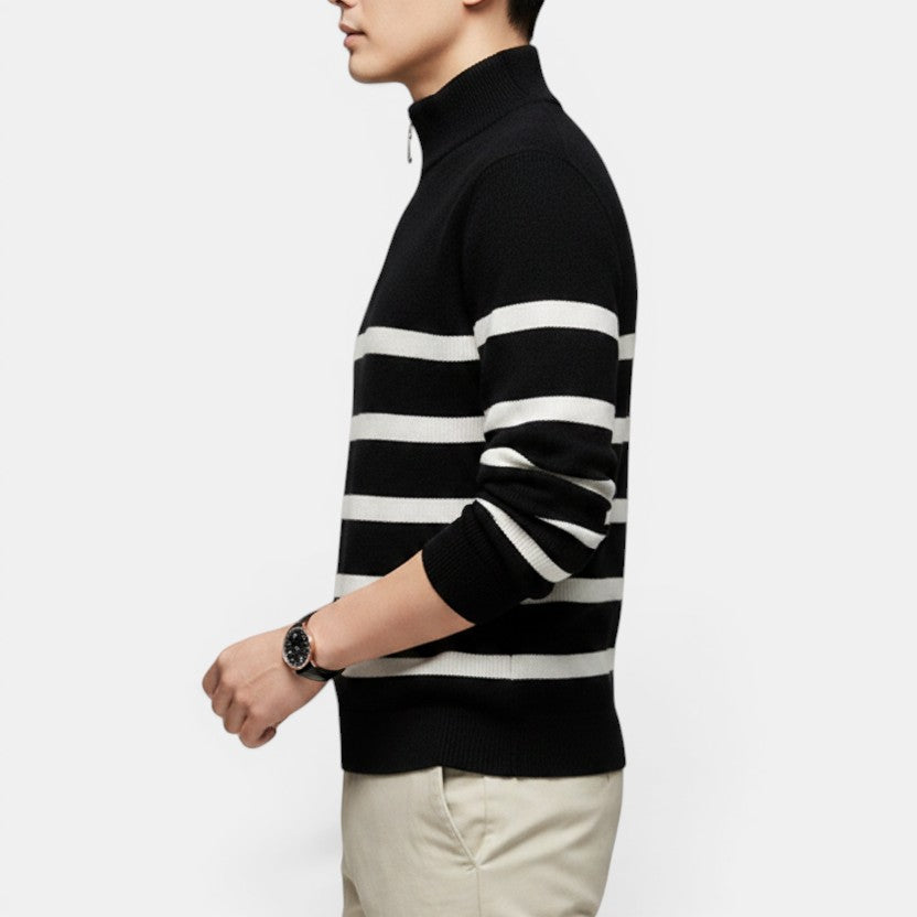Allzom men's black and white striped knit sweater with a zip neck and relaxed fit.
